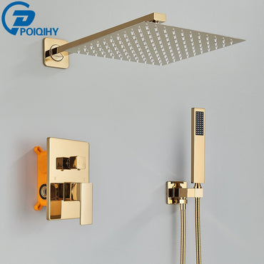Golden Shower Faucets Set 2-Ways Rainfall Shower System Wall Mounted Shower Head Bathroom Bathroom Tap Shower Mixers Concealed