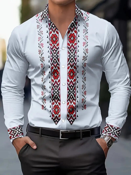 New Men's Casual Shirt Long Sleeves Ethnic Style Button Collar Shirt Vintage Shirt Fashion Men's Clothing Casual Top