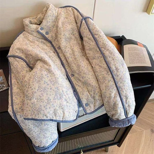 Short Floral Parkas Women Vintage Corduroy Puffer Jacket Harajuku Korean Fleece Down Coats Winter Warm Cotton Padded Outerwears