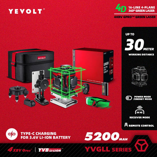 YEVOLT YVGLL4XS16 Series Green Laser Level 4-Plane 16-Line Self-leveling 360 3D Horizontal & Vertical Power Measuring Tools