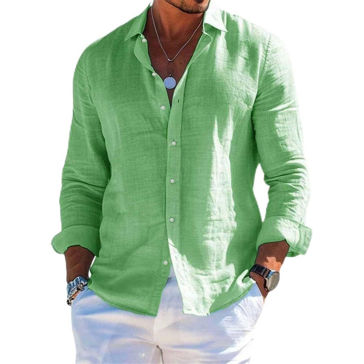 Men's tops long sleeve new style shirt cotton linen cool solid color loose lapel casual beach style cardigan spring and summer