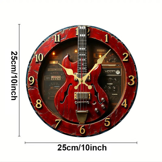 Vintage Guitar Wooden Round Silent Hanging Wall Clock, Suitable For Living Room, Office, Study Room, Bedroom, Home Decoration
