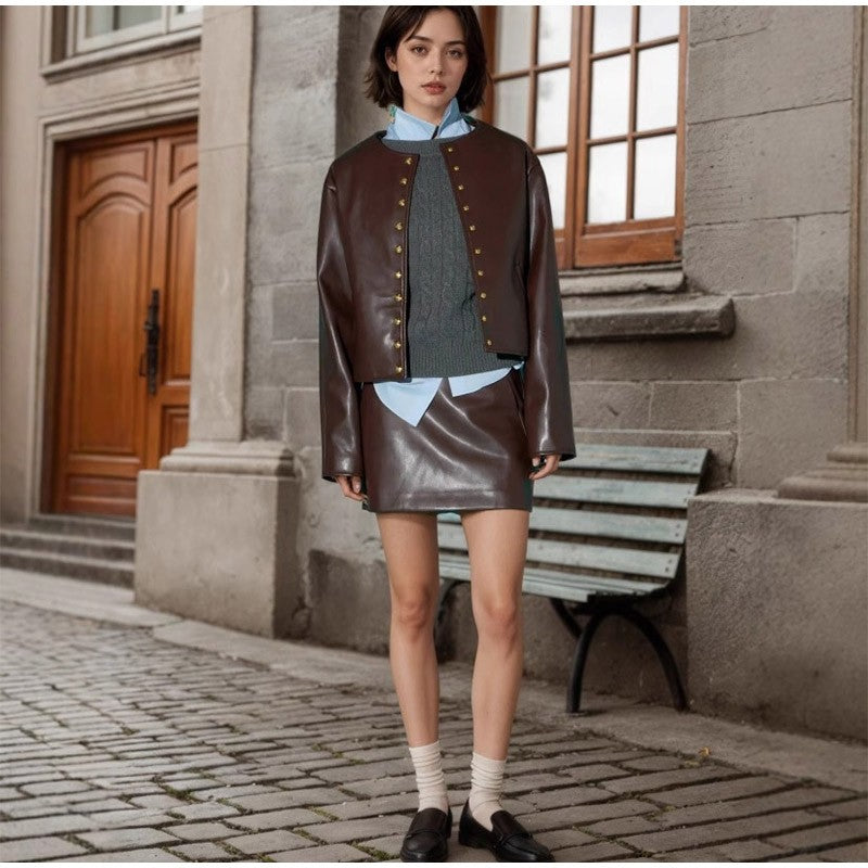 Full Sleeve Cropped Women Casual Slim Thin Motorcycle Coat Chic Zipper Lapel Wine Red Leather Jacket Lady New Highstreet Outwear