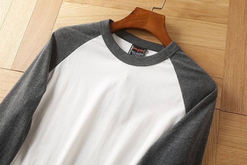 Summer New American Retro Raglan Long-sleeved O-neck Montage T-shirt Men's Fashion Simple 100%Cotton Washed Casual Sport Tops