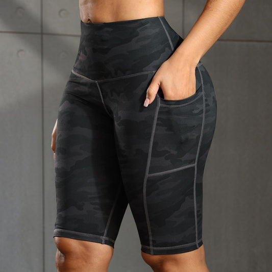 CHRLEISURE Shorts Femininos de Yoga Sólidos com 3 Bolsos Cintura Alta Levanta Bumbum Calças Justas de Treino Ginástica Elásticas Ciclismo Shorts Esportivos