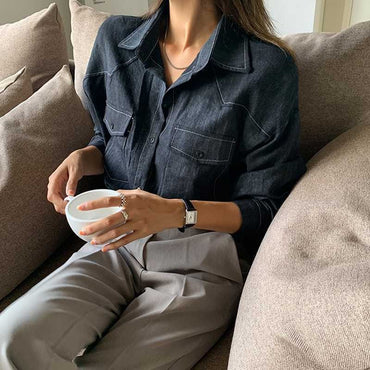 Loose Long Sleeve Casual Denim Shirt Korean Style Loose Fit Shoulder Casual Shirt Pure Color Shirt City Style Commute Shirt