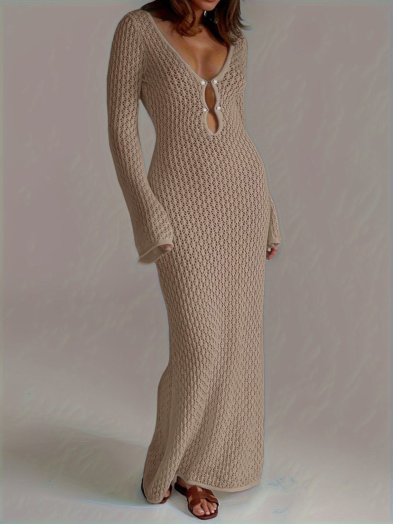 Sexy Women White Long Knit Sleeve Bikin Fashion Cover up Female See-Through Deep