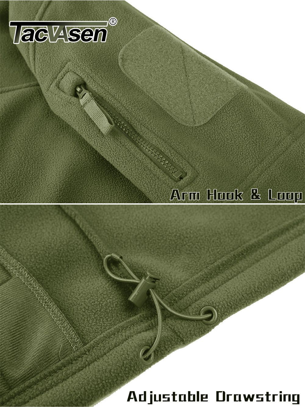 TACVASEN Full Zip Up Green Fleece Jacket Thermal Warm Work Coats Mens Zipper Pockets Jacket Hiking Training Outwear Windbreaker