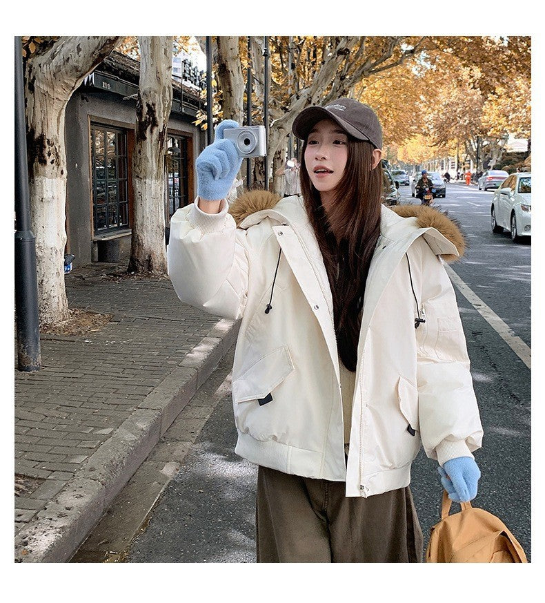Winter Solid Long Sleeve Hooded Down Cotton Coat Tops Korean Women's Single Breasted Zipper Hooded Cardigan Short Jacket Thick