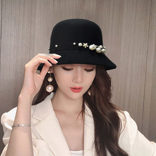 Elegant Women Pearl Ribbon Fedora Hat Autumn Winter Warm Imitation Woolen Bowler Cap Solid Color Felt Hats