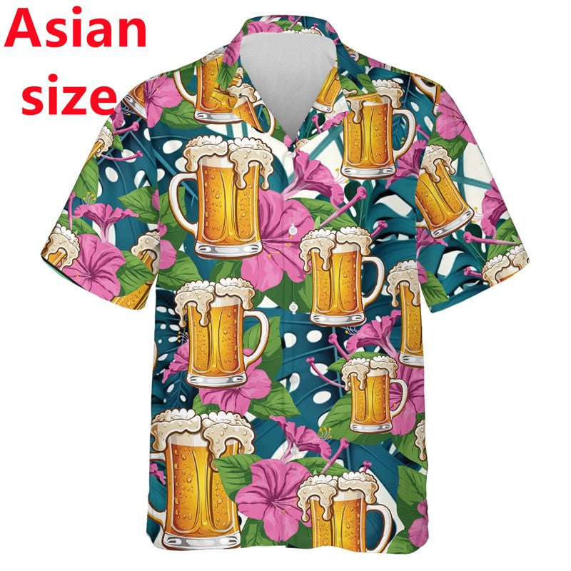 2025 New Beer Lovers Shirts For Men Clothes Harajuku Fashion Hawaiian Lapel Blouse Summer Aloha Beach Shirt Man Short Sleeve