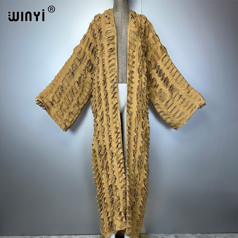 WINYI new maxi kimono coat for women OverCoat hole denim cardigan long down coat cover up beach outfits woman abaya dubai luxury