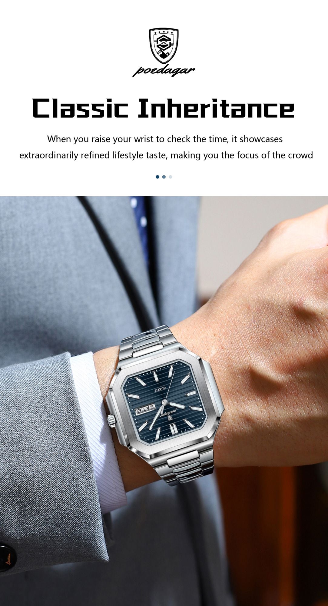 POEDAGAR Square Fashion Man Wristwatch Waterproof Luminous Date Week Quartz Men's Watches Stainless Steel Luxury Men Watch Reloj