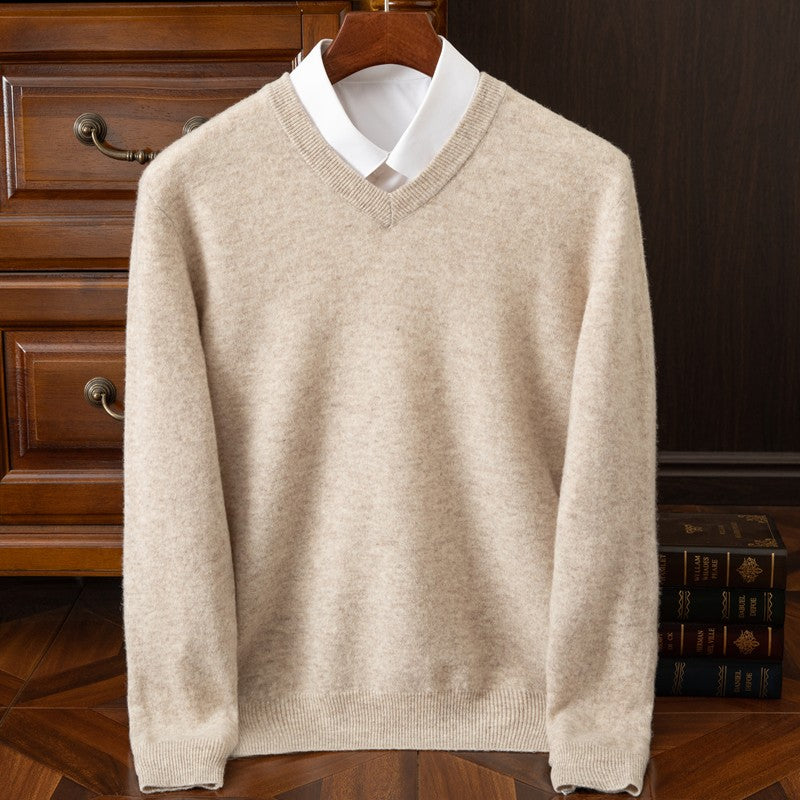2025 Men's 100% Merino Wool Cashmere V-neck Sweater Pullover Smart Casual Basic Long Sleeve Knitwear Clothes Tops Autumn Winter