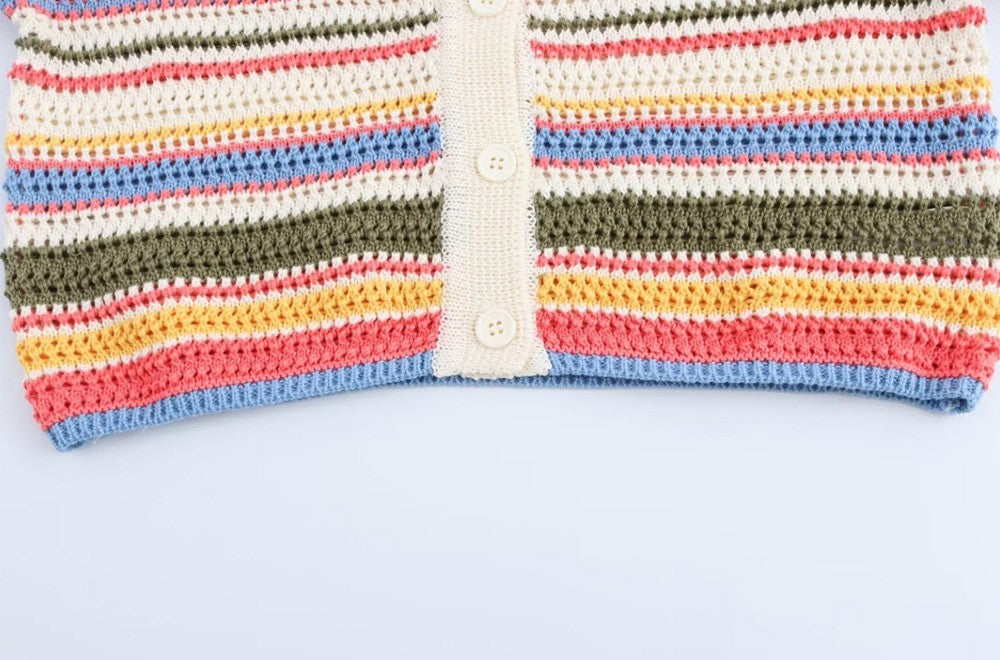 TRZA-Women's Striped Crochet Knit Crop Sweater, Polo Collar, Short Sleeve, Button-up, Female Outerwear, Chic Tops, Fashion