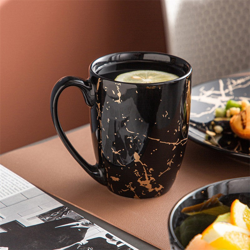 16Pcs Black Procelain Tableware Set Design By Gold Splash with Dinner Plate/Cake plate/Bowls/Coffee Cups Kitchen Dinner Ware Set