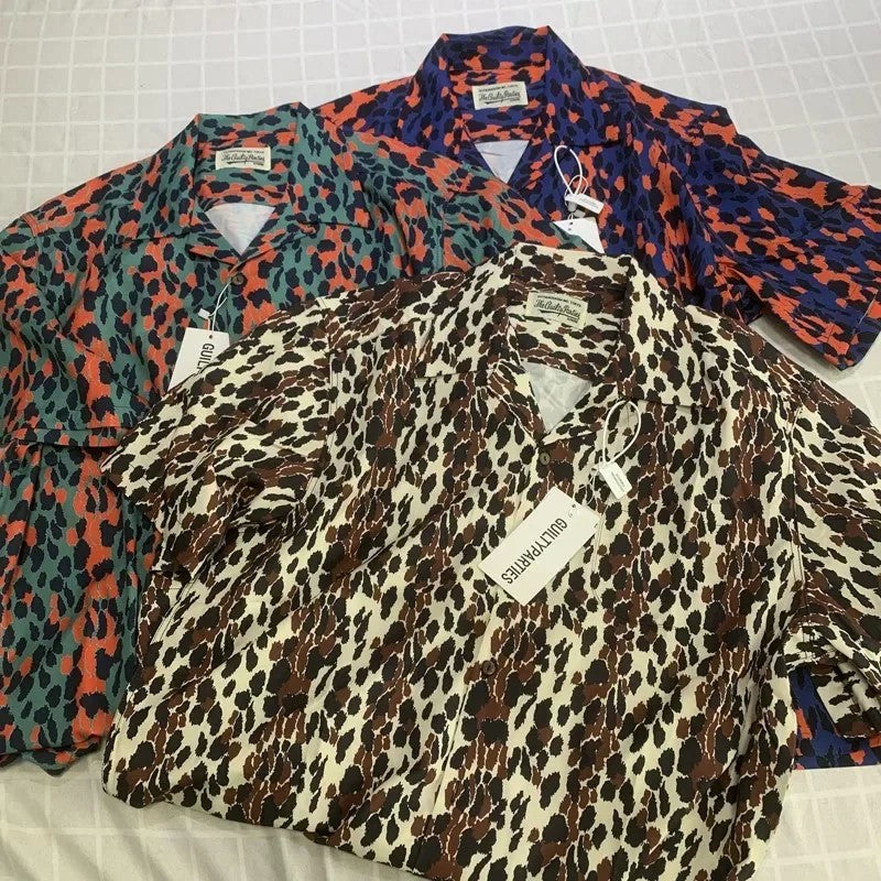 Classics Summer WACKO MARIA Shirts Full Print Leopard Rayon Short-sleeved Real Photos Hawaiian Shirt for Men Women