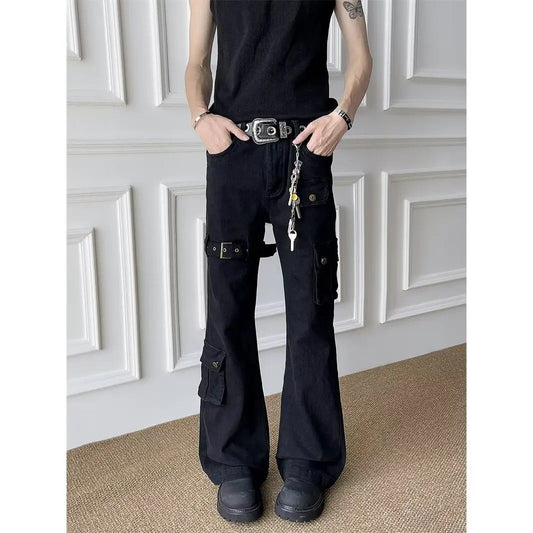 Black Slim Fit Bell Bottom Denim Jeans Men's Women's Thin Style Casual High Street Fashion Trousers from Mainland China
