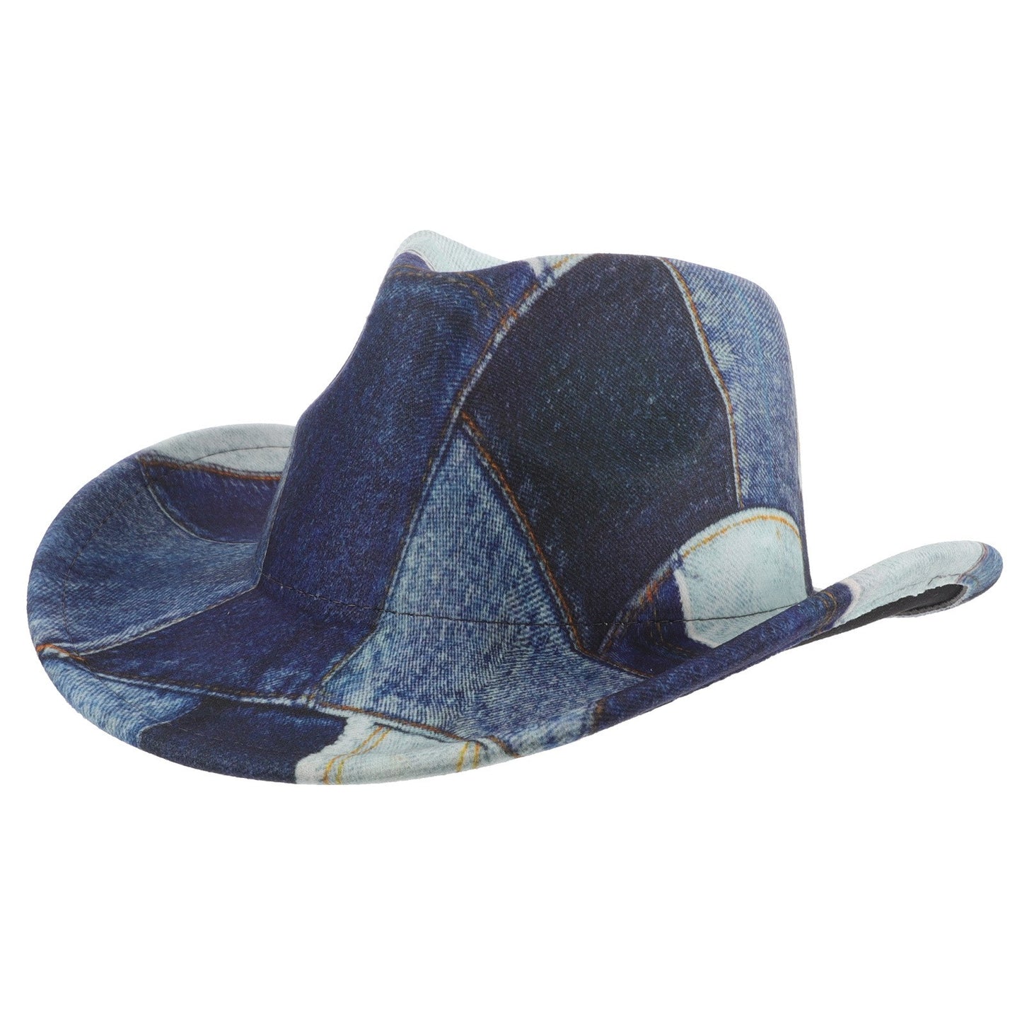 Western Cowboy Hat 56-58cm Polyester Patchwork Vintage Denim Print Wide Brim Flat Top Costume Cosplay Party Western Cowgirl Hat