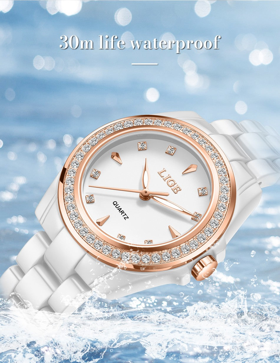 LIGE Fashion Elegant Watch for Women Ceramics Strap Diamond wristwatch Luxury Ladies Bracelet Quartz Watches Gifts Reloj Mujer
