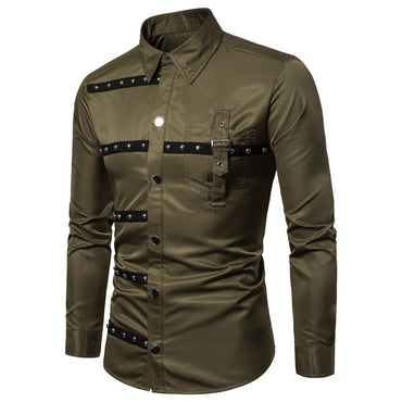 Long Shirt Men New Goth Style Rivet Solid Color Cargo Shirt Slim Fit Chemise Noel Party Singer Stage Streetwear For Men Clothing