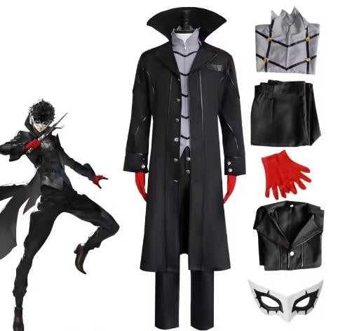 Anime Persona 5 Joker Cosplay Costume Game P5 Rain Palace Lotus Cosplay Full Set of Clothing Glove Mask Black Overcoat Uniform