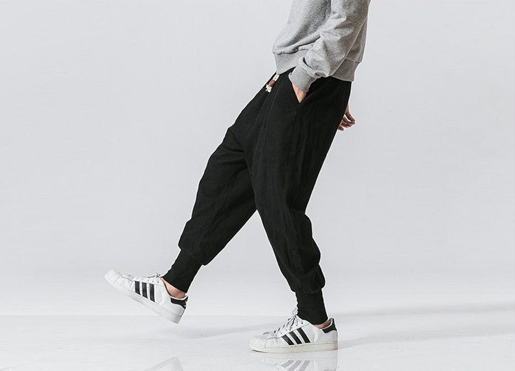 Cotton Linen Harem Pants Men Solid Elastic Waist Streetwear Joggers New Baggy Drop-crotch Pants Casual Trousers Men