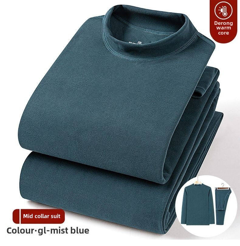 Winter Top and Pants Set Home Wear Warmth Solid Casual Men's Deerskin Thermal Suit High Collar Underwear Heat Velvet Tshirt Set
