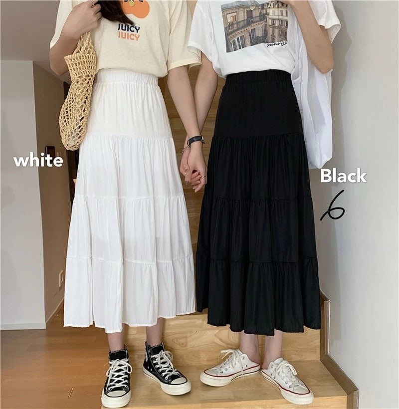 Spring Summer Women Chiffon Skirts Vintage High Waist Elastic Patchwork White Bl