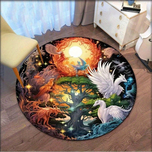 Fantasy Tree Phoenix Unicorn Mythical Creatures Round Rug Soft Crystal Velvet Floor Mat Magic ArtDesignHomeDecorLivingRoomCarpet