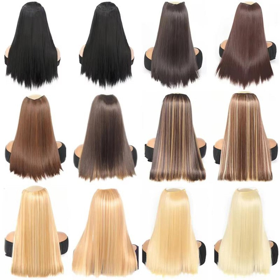 Peruca sintética longa reta em V com meia cabeça adequada para mulheres com cabelo preto e castanho, com presilha, preta, castanha, natural