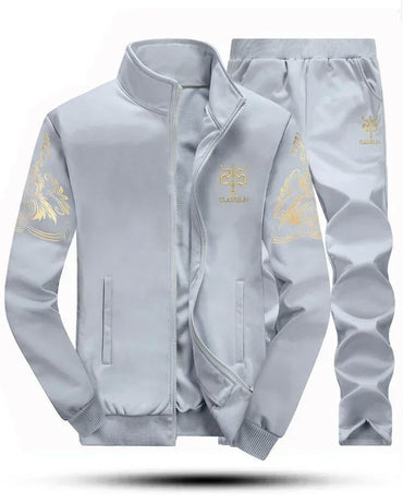 Winter Men's Sports Suit with Fleece and Warm Standing Collar Jacket+men's Drawstring Sports Pants Fashionable Printed Men's Set