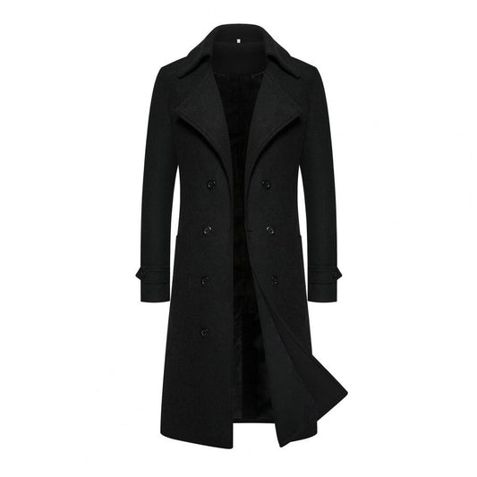 Men Overcoat Double-breasted Slim Fit Mid Length Long Sleeve Thick Windproof Warm Soft Cardigan Buttons Lapel Men Long Coat