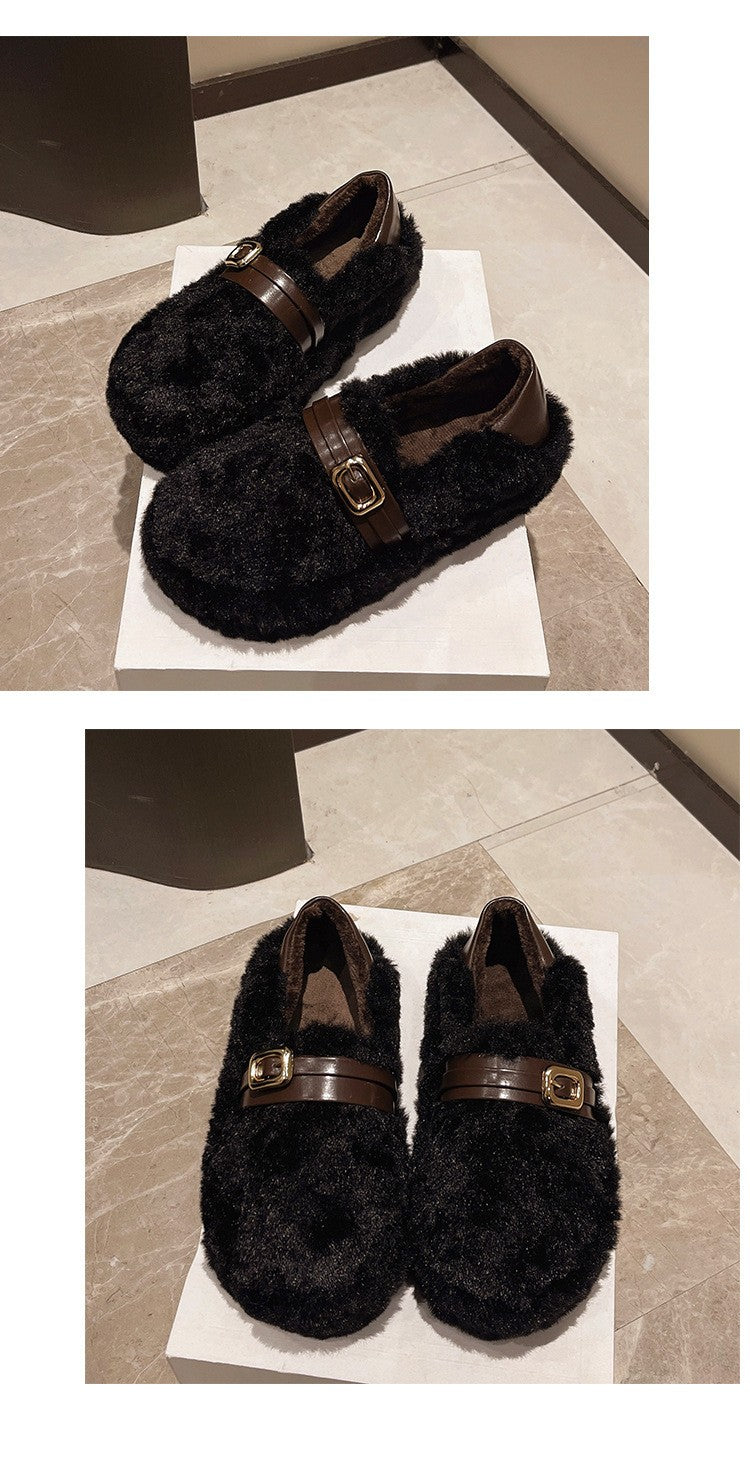 Women Warm Fur Flats Shoes 2025 Autumn Winter Vintage Fashion Shallow Mouth Buckle Ladies Comfort Loafers Shoes Zapatos Mujer