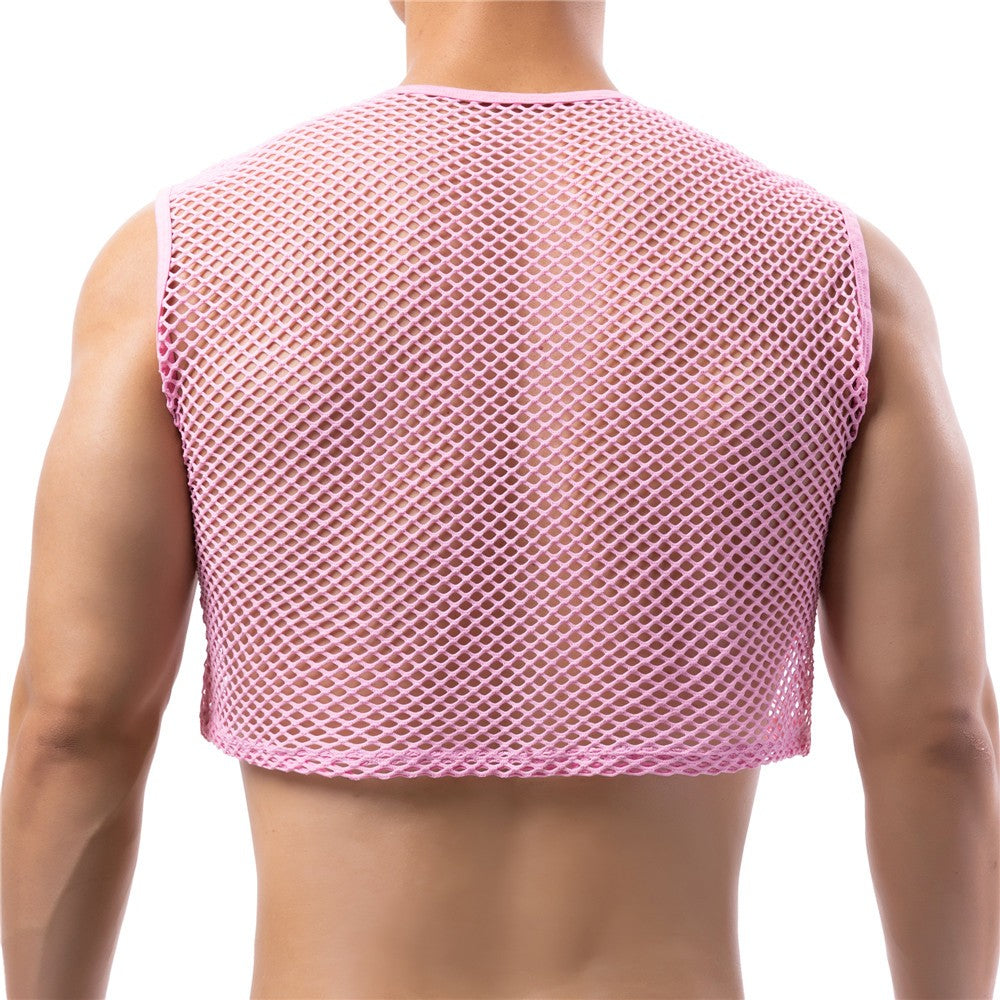 Mens Transparent Fishnet Crop Top Sexy Mesh Hollow Out Tank Tops Gym Fitness Sleeveless Undershirts T-shirts Nightclub Mini Vest
