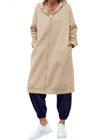 Fisoew lined Winter Coat Women Zip Up Hoodie Warm Long Tunic Sweatshirt With Pockets Outdoor Streetwear Jacket