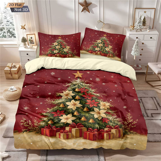 3pcs red Christmas tree print coreless bedding set, multi size bedroom and dormitory duvet cover machine washable decoration