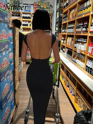 Nibber Solid Sexy Backless Maxi Dress Women Elegant Elastic Slim Short Sleeve Lo