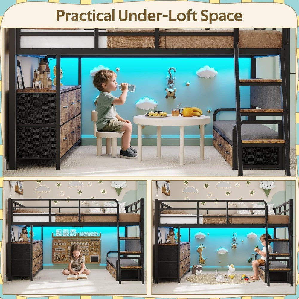 Low Loft Bed Full Size, Full Size Loft Bed for Kids with 9 Storage Drawers & 15.8 H Safety Guardrail & Inclined Ladder & Safety