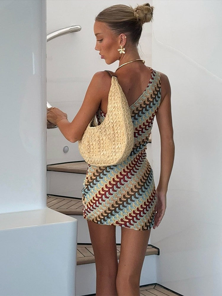 Irregular Printed Knitted Mini Dress For Women Chic Backless Slanted Shoulder Sl