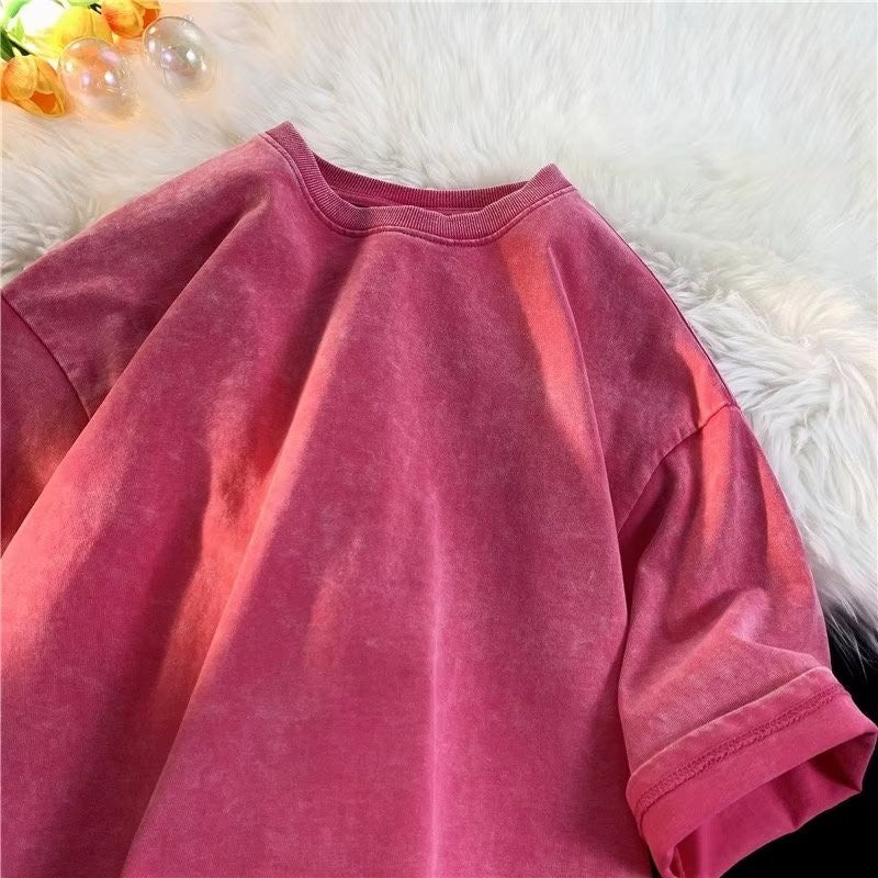 American Style Retro Heavyweight Solid Color Short Sleeved T-shirt Men Women Summer Street Trendy Washed Old Oversized Clothes