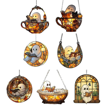 Halloween Ghost Reading Book Acrylic Hanging Ornament Colorful Window Decor for Home Bedroom Living Room Party Decoration