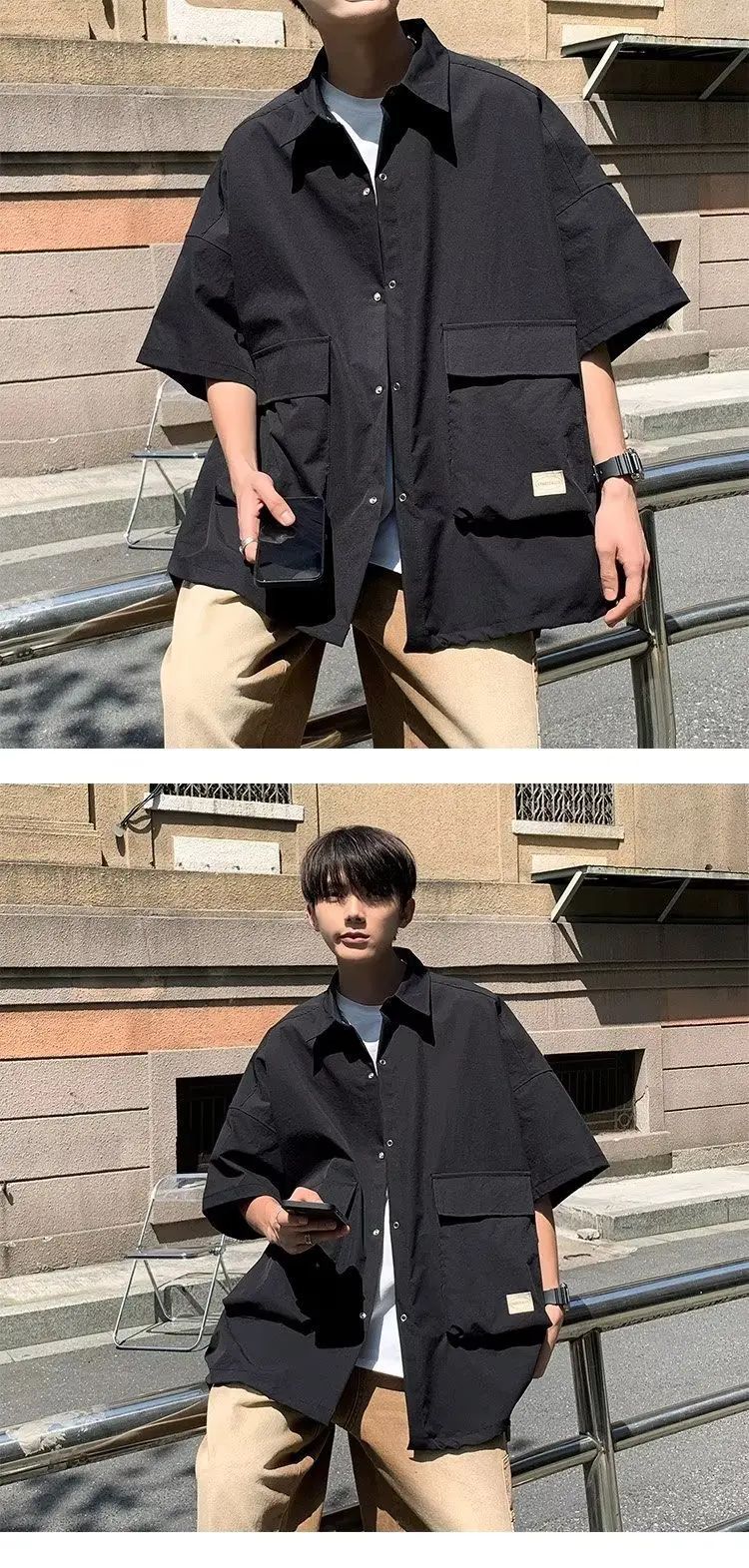 Men's Retro Large Pocket Cargo Shirt Jacket Coat Summer Loose Casual Short Sleeved Shirt For Men Y2k Japan Korea Streetwear