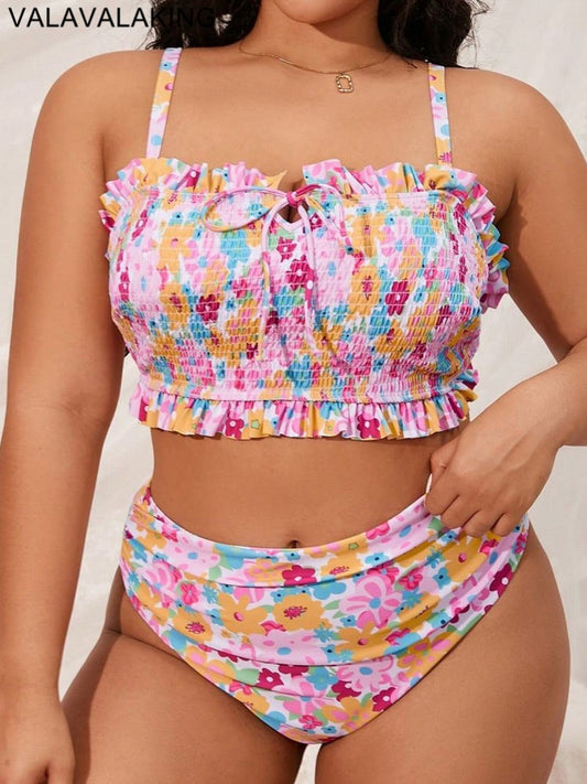 2025 Print 2 Piece Plus Size Bikini Women Verge Strapped Large Swimsuit High Waist Lady Swimwear Beach Chubby Curvy Bathing Suit