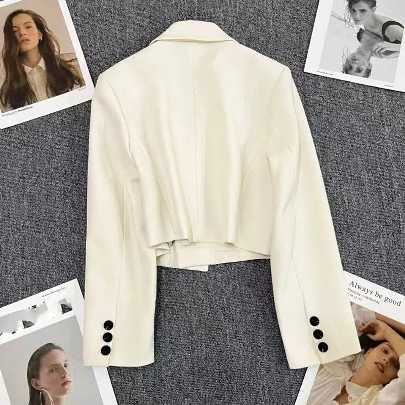 Black Cropped Blazers Woman Trend 2024 New All-match Notched Collar Crop Jacket Women Korean Chic Single Button Suit Coat