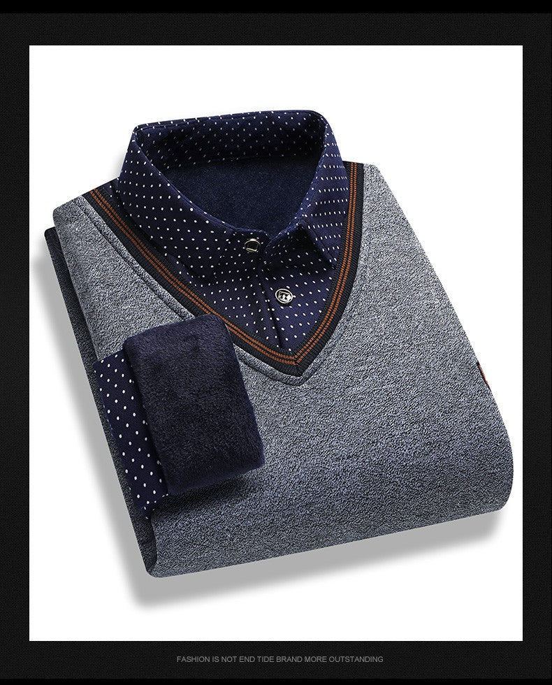 Men's Fleece Lining Sweater Autumn Winter Pullover Polo Shirt Collar Fake Two Piece Thick Warm Top Clothes Casual Knitwear
