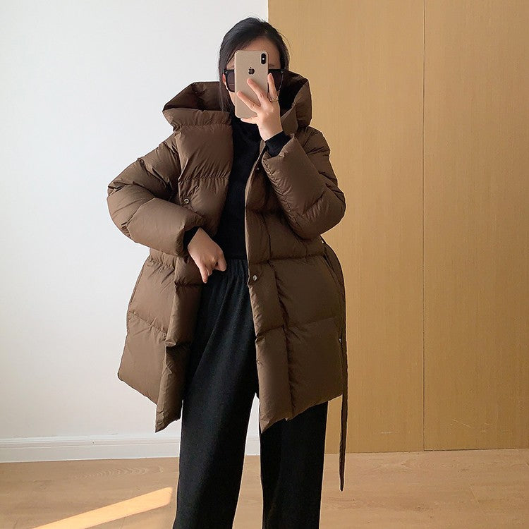 2025 Winter Women's Down Jackets Ultra Light Warm Cusual Coat Female Puffer Jacket With Belt Plus Size Hooded Short Parka