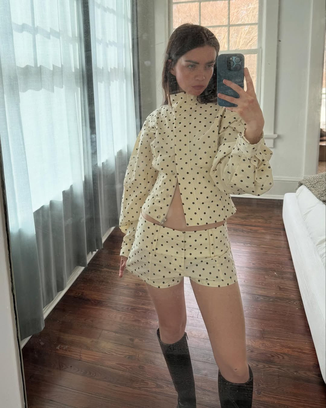 Polka Dot Stand Neck Short Jackets Women Fashion Long Sleeve Patchwork Contrast Slim Coats Casual Lady Street Commute Outerwear