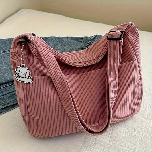 Women’s Corduroy Shoulder Bag Casual Striped Large Capacity Tote with Zipper Closure, Cute Hat Patch, Perfect for Everyday Use