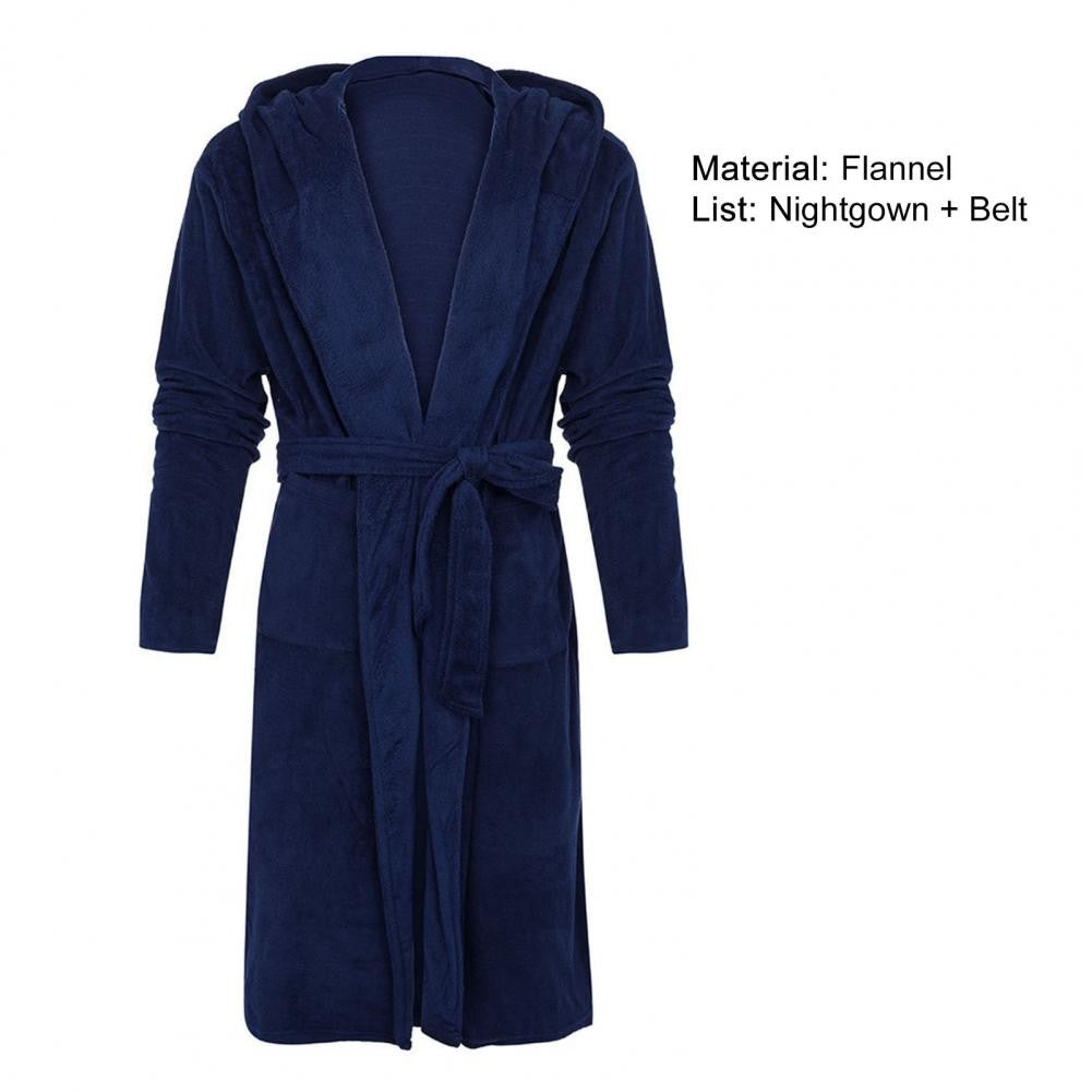 Belt Flannel Bath Robe for Men Hooded Pockets Warm Men Nightgown Men Plush Bathrobe Sleepwear Home Clothes Loose Pajamas Robe